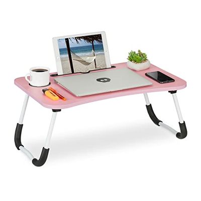 Relaxdays Lap Desk, for Bed & Sofa, Folding Laptop Tray, HWD: 26 x 63 x 40 cm, MDF & Iron, Drinks Holder, Pink/White, Fibreboard, Iron, Plastic
