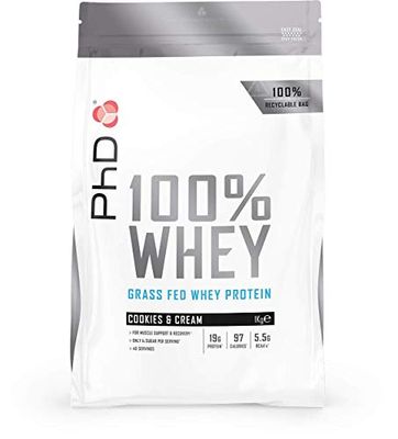 PhD 100% Whey Protein Powder Banane - Grass Fed Whey - Premium Whey Protein, Grass Fed - Riche en protéines, faible en glucides - 1 kg, biscuits et crème