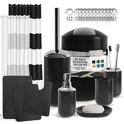 Clara Clark Ensemble d'accessoires de Salle de Bain, Rideau de Douche et Tapis, 23 pièces, Rideau de Douche avec Doublure, Distributeur de Savon, Porte-Savon, Porte-Brosse WC et Poubelle, Noir