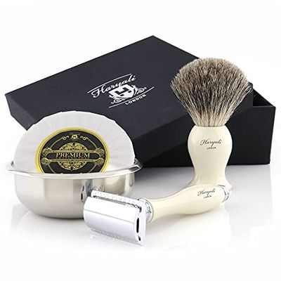 Haryali London Kit da barba da uomo – Kit barba da uomo con rasoio di sicurezza, Pennello da barba con setole di tasso, sapone da barba e ciotola da barba