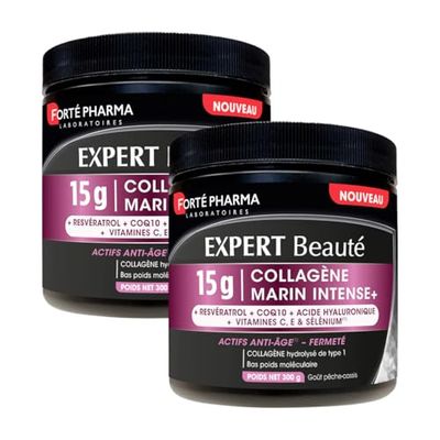 Forté Pharma - Expert Beauté Collagène Marin Intense+ 15g - Actifs anti-âge, Fermeté - Collagène marin hydrolysé type 1, Resvératrol, CoQ10, Acide hyaluronique - Lot de 2-3 cuill./jour, 40 jours