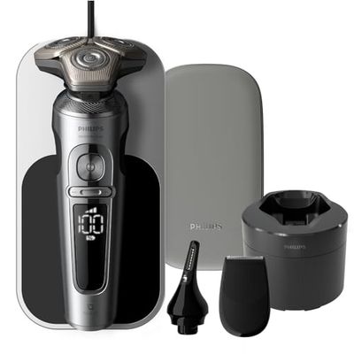 Philips Shaver S9000 Prestige, rasoio elettrico Wet & Dry, Champagne Gold, tecnologia SkinIQ, astuccio qualità, pad ricarica Qi, rifinitore precisione, rifinitore per naso, custodia pulizia, SP9882/36