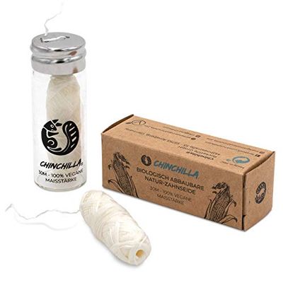 Chinchilla® Végétalien Fil dentaire compostable – Une alternative sans plastique & écologique pour l’hygiène dentaire – 30 mètres de fil dentaire d’origine naturelle, goût menthe et rechargeable