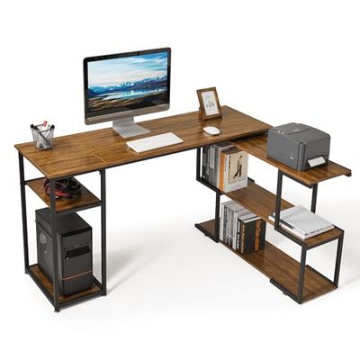 Mondeer L-vormig computerbureau, hoekbureau, 360° draaibare planken en verstelbare opbergplanken, ruimtebesparend voor thuiskantoor, studio-werkstation, rustiek bruin