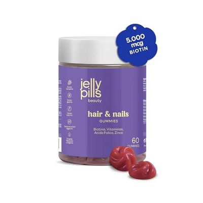 Jelly Pills® Biotina Gummies con Acido Folico e 7 Vitamine - senza zuccheri aggiunti - 60 Vegane Gummies al gusto di lampone per Riducono la caduta dei capelli - complesso pelle-capelli-unghie