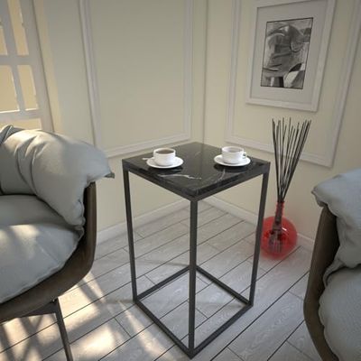 Hanah Home Table latérale élégante, Noir et Blanc, 35 x 62 x 35 cm, 100% mélamine, épaisseur 18 mm, Pieds en métal Durable, Parfait pour la décoration Industrielle et hôtelière
