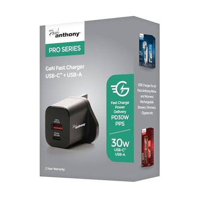 Paul Anthony Dual Port, USB-C + USB-A GaN PD30W Fast Charger for use with Mens and Womens Paul anthony Shavers, Trimmers and Clippers - H9801BK
