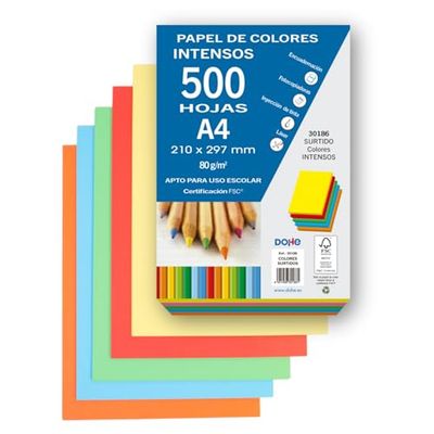 Dohe - arkusze o intensywnych kolorach (500 szt.) - 5 różnych kolorów, papier A4 (21 x 29,7 cm), grubość 80 gr/m², arkusze do drukowania, rysowania, majsterkowania, dekoracji, wiązania