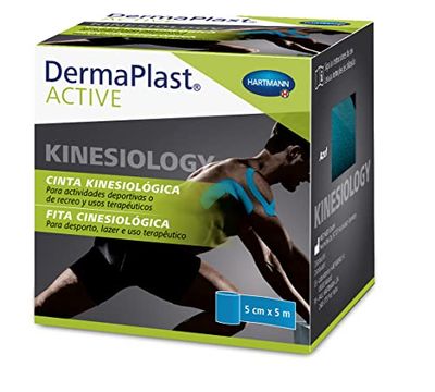 DermaPlast Active, Kinesiotape, bande kinésiologique, bandage neuromusculaire pour prévenir et traiter les blessures sportives et les tensions musculaires, couleur bleue (5 cm x 5 m)