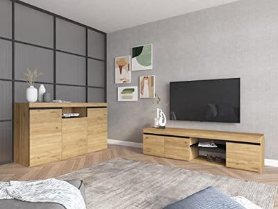 Skraut Home - Set Naturale woonkamer eetkamer, bijzetmeubelen, buffet-TV-meubel 160cm Eik Zwart Nordic