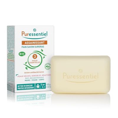 Puressentiel - Assainissant - Savon Pain Surgras aux 3 Huiles essentielles BIO - Visage, Mains et Corps - Peaux Sèches, Sensibles et Réactives - Nettoie et Protège - Antibactérien - 100 g