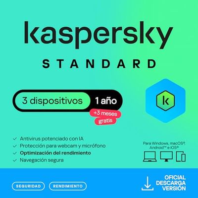 Kaspersky Standard Anti-Virus 2025 | 3 dispositivos | 1 Año +3 Meses Gratis | Seguridad Avanzada | Protección Bancaria en línea | Optimización del rendimiento | PC/Mac/Móvil | Código por email