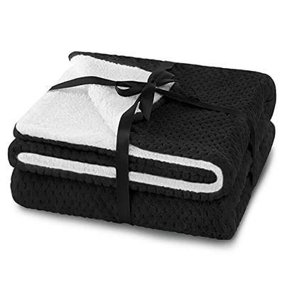 AmeliaHome Cuddly Blanket 170 x 210 cm Delicate Quilted Sherpa Lambskin Look Blanket Shleepy Black
