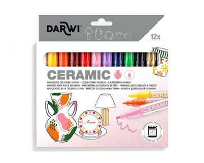 DARWI - DA0340012K01C - 12 Marqueurs Assortis Pour Céramique - Pointe 2 MM - 6 ML - DARWI CERAMIC - Peinture pour Céramique - Loisirs Créatifs - Activité Manuelle - Bricolage - 12 COLORIS