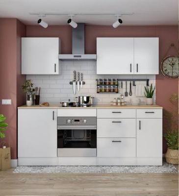 Dmora - Cucina completa Carona, Composizione cucina moderna, Set cucina componibile, Soluzione cucina funzionale, Bianco e Rovere