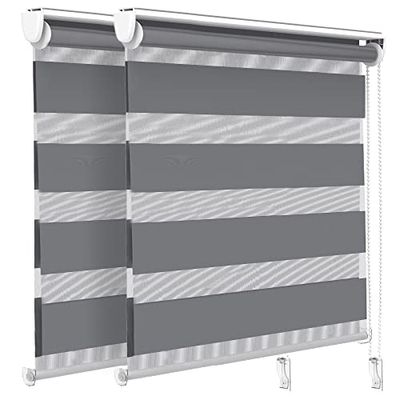 VOUNOT Set of 2 Zebra Roller Blind Double Fabric, Day and Night Translucent or Blackout Vision Curtains, No Drilling for Window and Door, Grey, 100 x 150 cm