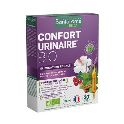 Santarome Bio - Confort Urinaire Bio | Complément alimentaire Confort des Voies Urinaires | Elimination Urinaire - Plantes Bio - Hibiscus, Bruyère, Cranberry | 20 Ampoules | Made In France | Végan