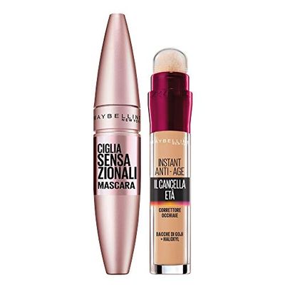 Maybelline New York Kit MakeUp Mascara Volumizzante Allungante Ciglia Sensazionali + Correttore Multi-Uso il Cancella Età 02 Nude