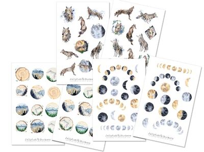 Set di adesivi "Lupo e Luna" - Adesivi, adesivi per diario, adesivi natura, lupi, foresta, alberi, natura selvaggia, boschi, pacchetti