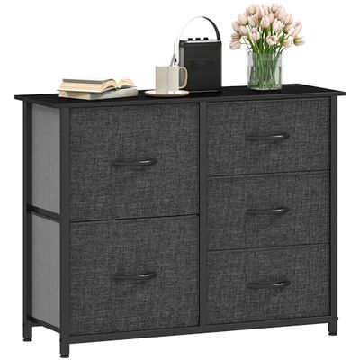 DWVO Ladecommode, stoffen commode slaapkamerkast met 5 laden, dressoir voor slaapkamer, woonkamer met handgrepen, houten bovenkant en stevig stalen frame, zwart grijs