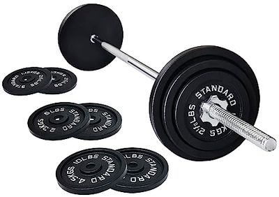Signature Fitness Gietijzeren standaard halterschijven, inclusief 5FT standaard halter met stersloten, set van 20 kg (35 lbs platen + 4,5 kg barbell), meerdere pakketten, stijl 1