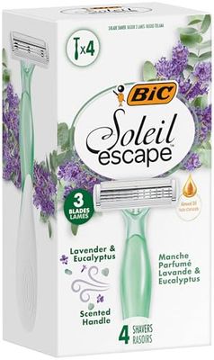 BIC Soleil Escape 3 Blade Womens Disposable Razor Pack of 4 with Lavender and Eucalyptus Scented Moisturizing Strip