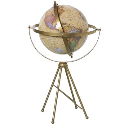GLOBO TERRÁQUEO ø20CM C/BASE TRIPODE METAL LATÓN, GIRO LOCO_°25X47CM