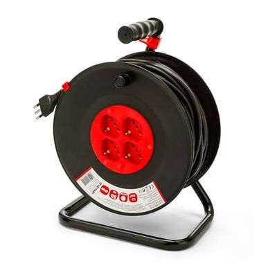 Velamp Alargador eléctrico con enrollacables 50 m – 4 tomas polivalentes (Schuko + 10/16 A) – Enchufe grande 16 A – Interruptor de protección – Cable eléctrico multipolar 3G sección 1,5 mm²