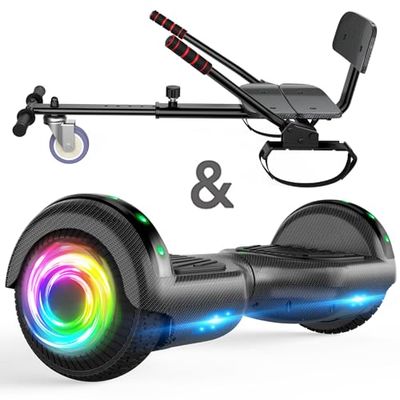 Hoverboard avec fixation de siège, 16,5 cm, auto-équilibrage avec haut-parleur Bluetooth et lumières LED pour enfants filles garçons (y compris Go Kart)