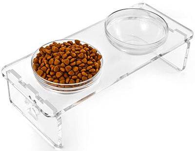 Juego de Cuencos elevados para Perros y Gatos, Soporte de comedero acrílico con 2 Juegos de Cuencos extraíbles de Acero Inoxidable y Vidrio, Platos elevados para Alimentos y Agua para Mascotas