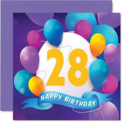 28e verjaardagskaart voor mannen vrouwen - ballonfeest - gelukkige verjaardagskaarten voor 28-jarige man vrouw broer zus zoon dochter tante oom vriend neef, 145 mm x 145 mm verjaardag wenskaarten cadeau