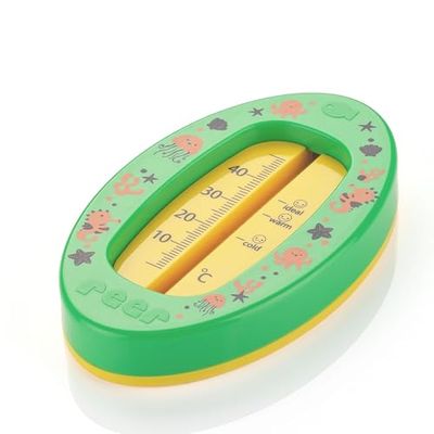 reer Babybadtermometer oval | barnsäker badtermometer | optimal badtemperatur för badkaret | kvicksilverfri | högt mätområde | tydlig skala | grön