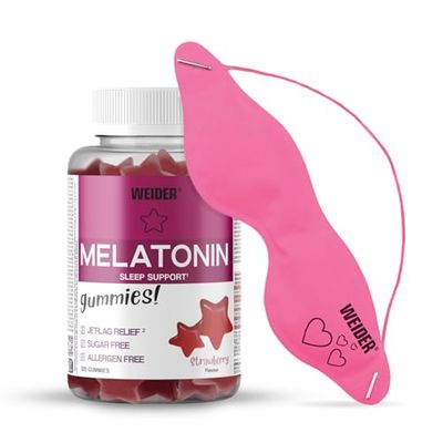 Weider Pack Melatonin 120 Gummies Sabor Fresa + Antifaz Belleza, 1 mg melatonina/gominola, Ayuda contra insomnio, jet-lag, trastornos del sueño, con Vitamina B6, Sin Azúcar, Sin Gluten (para 4 meses)