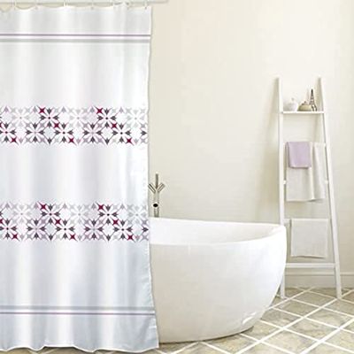 MSV Rideau de Douche Polyester Malta 180x200cm QUALITÉ Premium Rose & Blanc - Anneaux Inclus