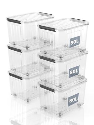 SpaceXpert Lot de 6 boîtes de rangement avec couvercles et roulettes - En plastique - Solutions de rangement pour la maison, le bureau et l'école - Boîtes de rangement empilables et empilables - Blanc