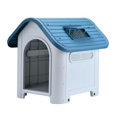 Lanco - Cuccia per Cani di Piccola Taglia con Tettuccio Apribile Regolabile. Uso interno ed esterno con prese d'aria. Materiale resistente. 75x59x66cm. Blu e Bianco.