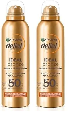 GARNIER DELIAL Bruma Solar Bronceadora Alta Protección FPS50 Secado Rápido Para Cuerpo Y Rostro, Muy Resistente Al Agua sin Alcohol 150 ml (Paquete de 2)