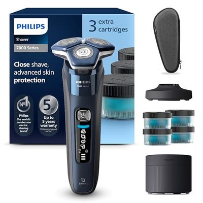 Philips Shaver Series 7000 - Rasoio elettrico uomo, secco e umido, rifinitore a scomparsa, base ricarica, custodia da viaggio, 1 capsula e 4 cartucce Quick Clean (Modello S7885/63)