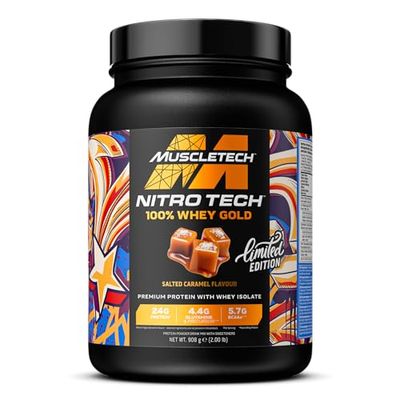 MuscleTech NitroTech 100% Whey Gold Protein Powder, Build Muscle Mass, Whey Isolate Protein Powder & Peptides, Protein Shake For Men & Women, 5.7g BCAA, 28 Servings, 908g, Salted Caramel
