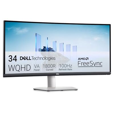 Dell S3423DWC 34" WQHD (3440x1440) 21:9 1800R Écran PC Incurvé, 100Hz, VA, 4ms, AMD FreeSync, 99% sRGB, Haut-parleurs intégrés, USB-C, 2x HDMI, 3x USB, Garantie 3 ans