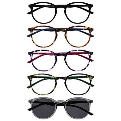 OPULIZE Met 5 Pacco Occhiali Da Lettura Con Lettore Sole Giro Nero Marrone Porpora Verde Grigio Uomo Donna RRRRS60-12567 +3,00