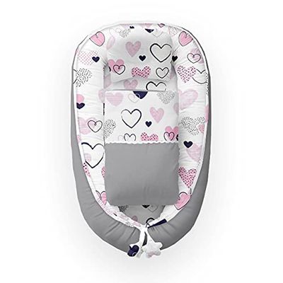 Kospu babynest con cuscino e coperta per neonati, 100% cotone, imbottitura in schiuma di poliestere e perline in silicone, paracolpi 90 x 70 cm