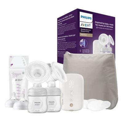 Philips Avent Extractor de leche eléctrico doble: extractor de leche portátil con 5 bolsas de almacenamiento de leche materna, 2 biberones, sin BPA (modelo SCF398/31)