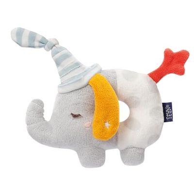 Fehn 053111 - Aro agarrador de elefante, juguete con sonajero y bordado que brilla en la oscuridad para bebés y niños pequeños a partir de 0 meses, tamaño: 13 cm