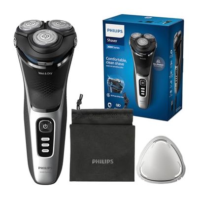 Philips rasoio elettrico serie 3000 - Rasoio elettrico Wet & Dry per uomo con tecnologia SkinProtect, colore Deep Black, rifinitore a scomparsa, rasoio cordless, astuccio da viaggio (modello S3241/12)