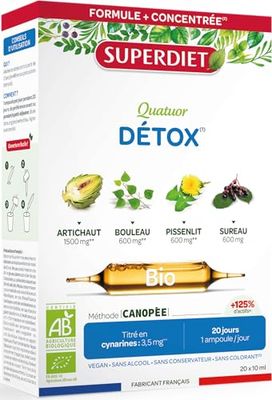 SUPERDIET - QUATUOR DRAINAGE BIO – Drainage – Phytothérapie – Fabrication Française – 20 ampoules de 10 ml