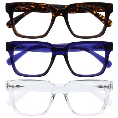 OPULIZERA Blue Light Blocking Reading Glasses - Anti-Reflective Anti-Glare - 3 Pack Readers - UV400 Protection - Oversized Frame - Computer Screen Glasses - Brown Blue Clear - Men Women - +3.50