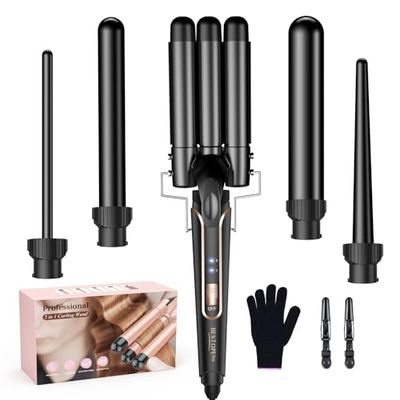 BESTOPE PRO 5 in 1 Beach Waver Hair Curler, Curling Iron (9-32mm) with 2 Temperature Control, Mermaid Hair Waver with Heat-Resistant Glove and 2 Clips for Long Medium Short Hair