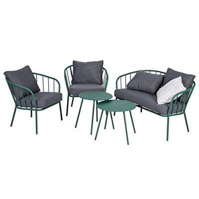 greemotion Set Salotto da Giardino da 5 Pezzi Nizza, Set mobili Esterno divanetto 2 posti, 2 poltrone, 2 tavolini in Acciaio con Cuscini, Verde/Grigio