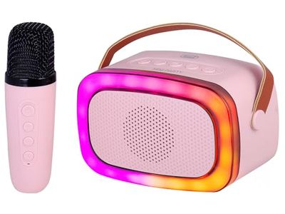 Trevi XR 8A01 MINI PARTY Speaker Wireless 10W, Altoparlante Karaoke per Bambini con Microfono Senza Fili, Effetti Voce per Feste e Bambini, Ingressi USB, Micro SD e AUX-IN, Batteria Integrata, Rosa